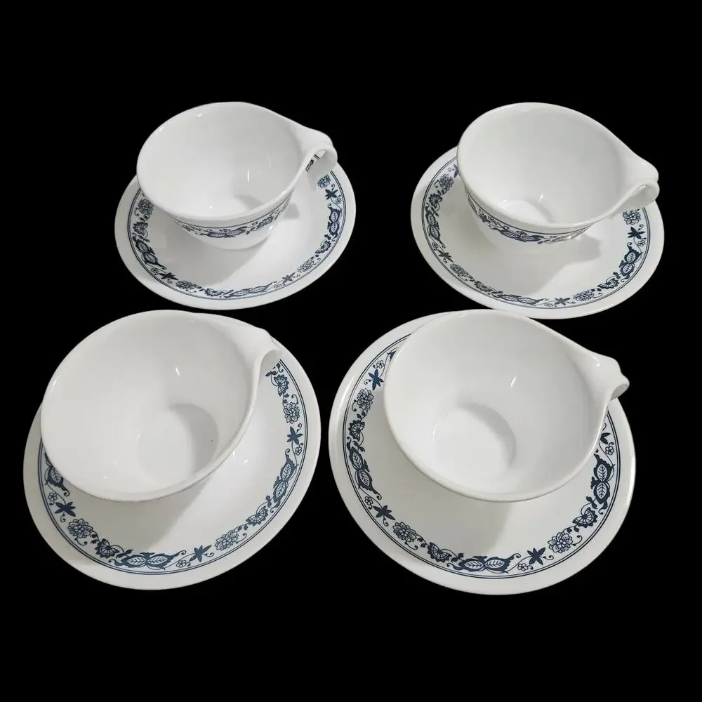 Corelle Livingware Blue Onion Cups & Saucers Set of 4 White Blue Vitrelle USA